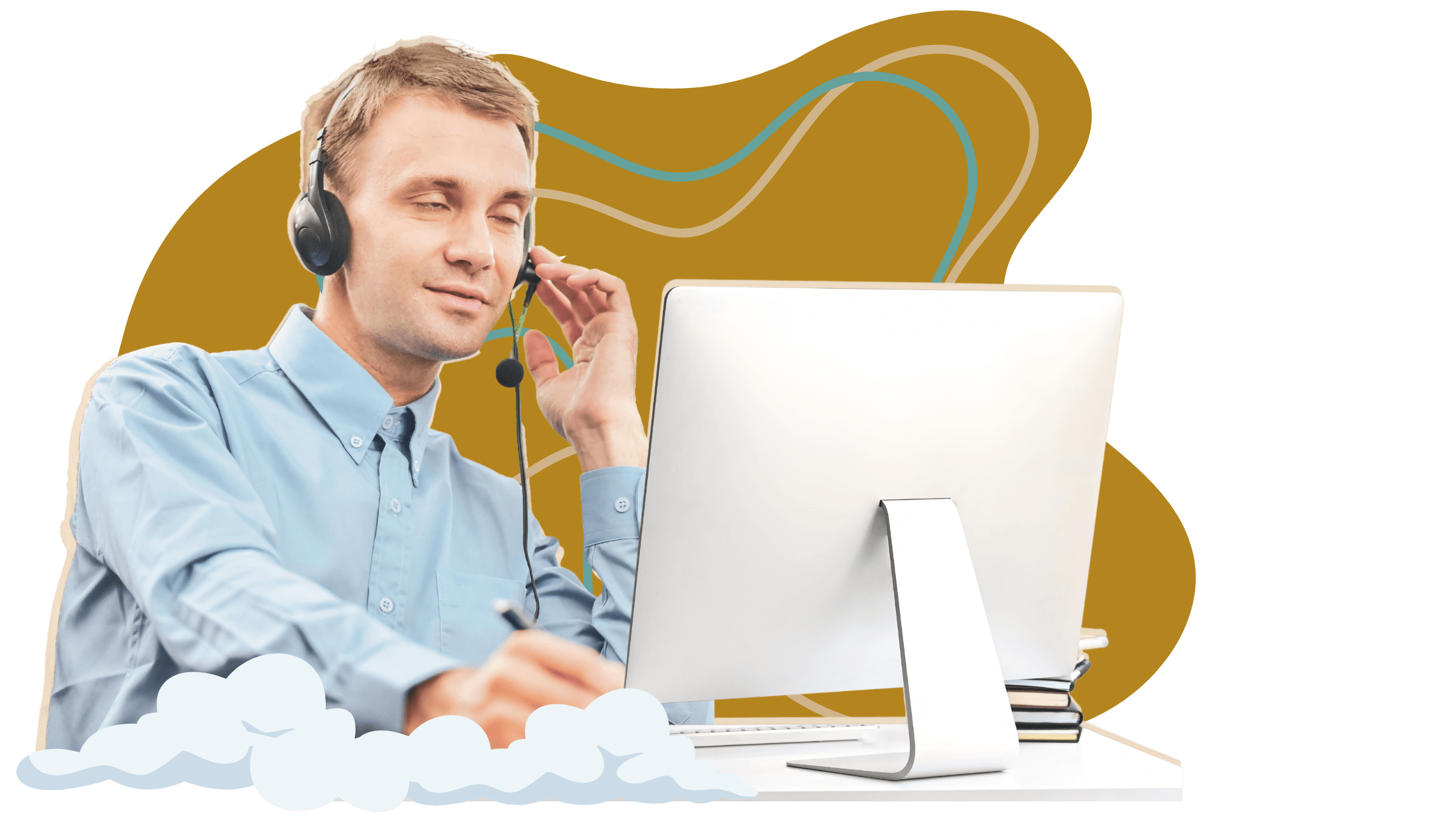 A person with a visual impairment wearing a headset while conducting a work call.